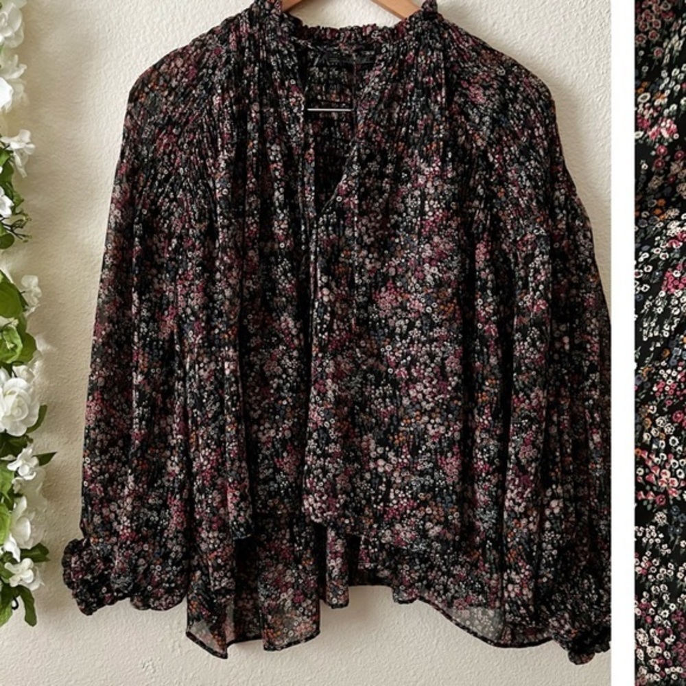 Zara Black Floral Sheer Long-Sleeve Blouse